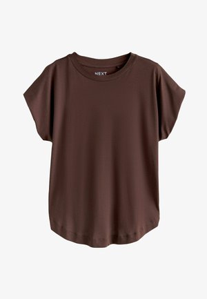 Brun kortärmad t-shirt med rund halsringning och avslappnad passform. Slätt, mjukt material med subtil textur, fållen är lätt böjd nedtill.