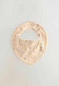 Beige ribbel katoenen bandana slabbetje met een bloemmotief en een drukknoopsluiting, gevormd in een driehoekig ontwerp. Zachte textuur en subtiele details.