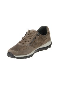 Brown suede sneaker with textured fabric, lace-up front, side zip, and a cushioned black rubber sole for comfort.