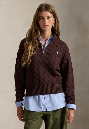 CABLE-KNIT COTTON QUARTER-ZIP SWEATER - Pulóver - dark brown