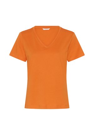 Oranžna bombažna majica s kratkimi rokavi in V-izrezom, preprosta enobarvna zasnova z običajnim krojem.
