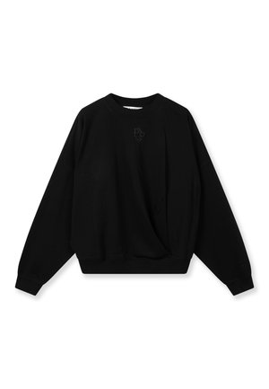Sweat-shirt noir en tissu doux, doté d'un col rond, d'épaules tombantes et d'un motif brodé subtil sur la poitrine.