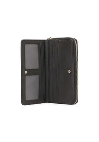 Schwarzes Lederportemonnaie mit mehreren Kartenfächern, zwei klaren Ausweisfenstern und einem Reißverschluss mit goldenen Hardware-Details.