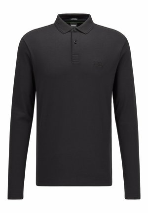 Schwarzes Polohemd mit langen Ärmeln aus glattem Baumwollstoff. Verfügt über einen klassischen Kragen, zwei Knöpfe und ein tonales Logo auf der Brust.