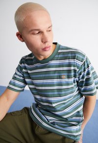Žaliai mėlynas dryžuotas marškinėliai, su skirtingo pločio dryžiais ir žaliu apykakle. Maža logo kairėje pusėje.