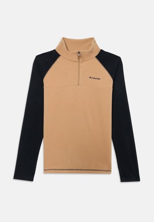 Tan fleece pullover with a black zippered collar and sleeves. Features a quarter-length zipper and a small logo on the chest.
