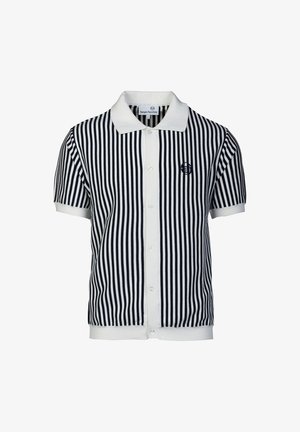 Poloshirt mit kurzen Ärmeln in Marineblau und weißen vertikalen Streifen, mit einem weißen Kragen, Knopfverschluss und einem Logo auf der linken Brust.