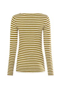 Langarmshirt mit horizontalen Streifen in Senfgelb und Weiß, mit einem weiten Ausschnitt und einer taillierten Form. Weicher, dehnbarer Stoff.