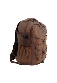 Brown backpack with textured fabric, padded straps, and adjustable side cords. Features a logo and multiple compartments for storage.