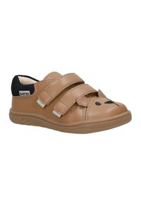 Dětská hnědá kožená bota s dvěma suchými zipy, černě polstrovaným patou a vyšitým zvířecím obličejem s ušima na špičce.