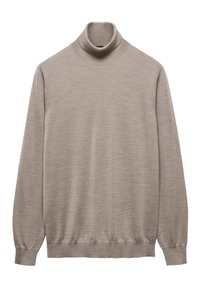 Beige Rollkragenpullover aus weichem Strickstoff, mit langen Ärmeln, einem taillierten Kragen und gerippten Bündchen und Saum.