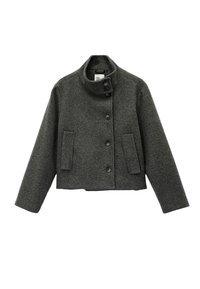 Dunkelgraue Jacke aus Wollmischgewebe mit hohem Kragen, Knopfleiste, zwei vorderen Taschen und kurzem Schnitt mit langen Ärmeln.