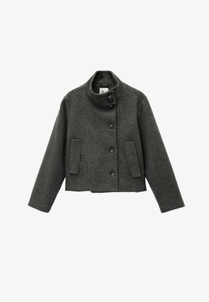 Dunkelgraue Jacke aus Wollmischgewebe mit hohem Kragen, Knopfleiste, zwei vorderen Taschen und kurzem Schnitt mit langen Ärmeln.
