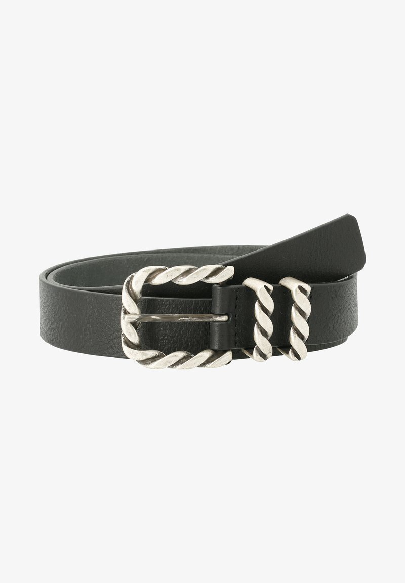 Ceinture en cuir noir roulée avec une boucle en métal argenté torsadé et deux passants assortis sur fond blanc.