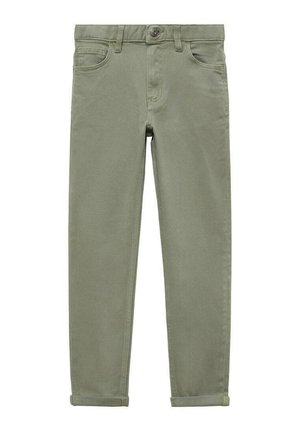 Oliwkowe spodnie typu slim fit z przodu na guzik i zamek błyskawiczny, szlufkami na pasek, dwoma przednimi kieszeniami oraz mankietami u dołu.