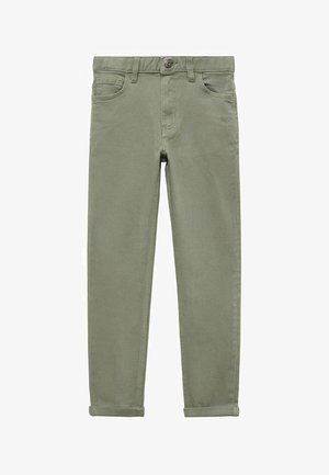 Olivenfarvede slim-fit bukser med frontknap og lynlås, bæltestropper, to forlommer og opsmøgede bukseben.