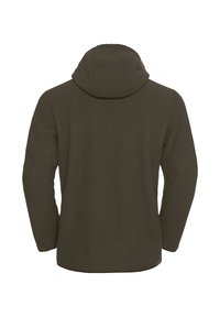 Capuchonjack in donkergroen olijf met ribbelstructuur, voorzien van lange mouwen en een losse pasvorm, ontworpen voor casual of buitengebruik.