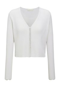 Weißer gerippter Cardigan mit V-Ausschnitt, langen Ärmeln und sieben Knopfverschlüssen auf der Vorderseite. Weicher Stoff, figurbetontes Design und kurze Länge.