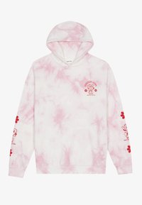 Hoodie rosa tie-dye con tasca frontale, caratterizzata da grafiche rosse sul petto e sulle maniche. Realizzato in un tessuto morbido e confortevole.
