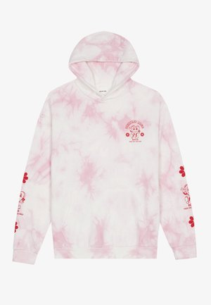 Pink tie-dye hoodie with a front pocket, featuring red graphic designs on the chest and sleeves. Made from soft, comfortable fabric.