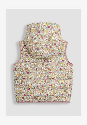 Prsluk s kapuljačom ukrašen cvjetnim uzorkom, s višebojnim dizajnom na svijetloj pozadini i ružičastim rubovima.