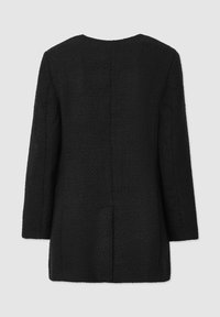 Cappotto nero con texture, dalla silhouette dritta, colletto rotondo e maniche lunghe. Presenta un retro pulito senza dettagli aggiuntivi.