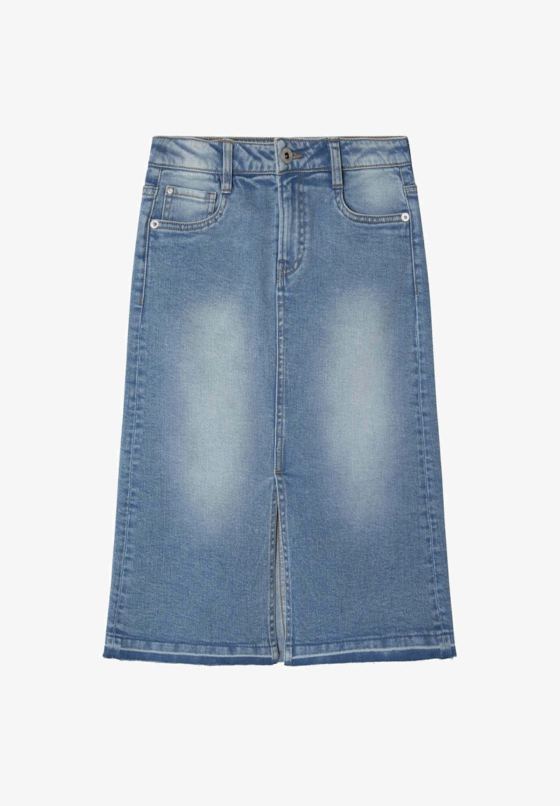 Traper suknja s prednjim izrezom, svijetloplave boje, klasičnog pet džepnog dizajna i laganim istrošenjem na tkanini. Redovni struk i rub.