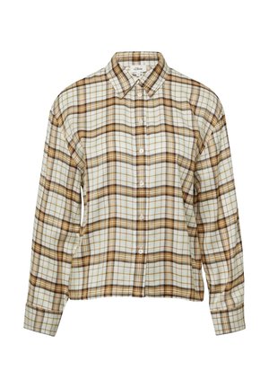 Chemise à manches longues boutonnée avec motif à carreaux marron et beige, col pointu et manches avec poignets, présentée sur un fond blanc uni.