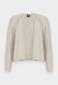 Light gray cardigan with an open front, made of a soft, textured fabric. Features long sleeves and a relaxed fit. No fastenings.