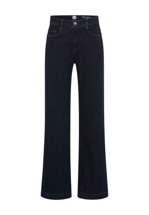 Dark blue denim jeans with a wide leg design, featuring a standard waistband, front pockets, and a silver button accent.