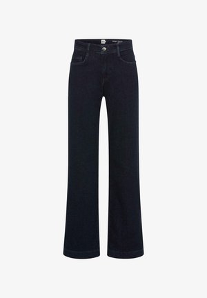 Jeans in denim blu scuro con un design a gamba ampia, caratterizzati da una vita standard, tasche frontali e un bottone argentato decorativo.