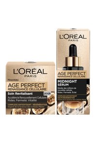 L'emballage de L'Oréal Age Perfect comprend une boîte dorée avec des accents noirs pour la crème de jour et un sérum dans un flacon en verre doté d'un compte-gouttes noir.