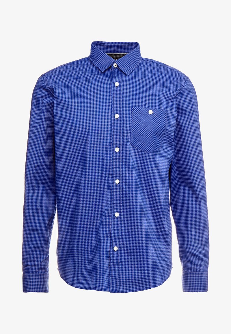 Blauw-wit geruite overhemd met lange mouwen, met een button-down kraag, één borstzak en witte knopen. Katoenen stof, casual ontwerp.