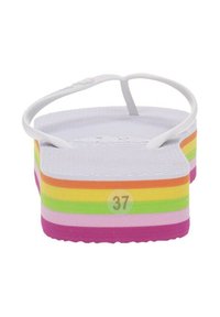 Infradito bianche con suola texturizzata e una piattaforma a righe multicolori nei toni di rosa, viola, verde, giallo e arancione. Taglia 37 esposta.