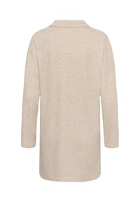 Bežna teksturirana srajca z dolgimi rokavi in ovratnikom, ki ima sproščen kroj in brez vidnih zapenjanj. Zadnji pogled prikazuje preprost dizajn.