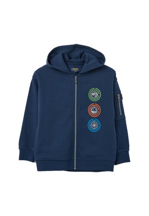 Navyblauer Zip-Hoodie aus Baumwollmischung, mit drei kreisförmigen bunten Patches auf der linken Brust und einer Reißverschlusstasche am Ärmel.