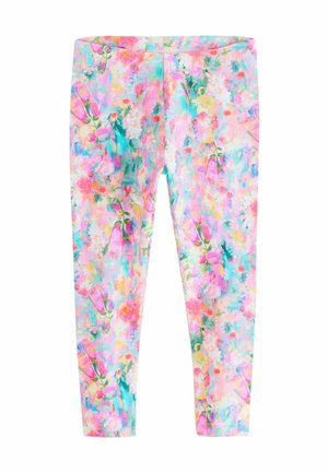 Colanți florali cu un model multicolor în nuanțe de roz, albastru și verde, realizați dintr-un material elastic cu o textură netedă.