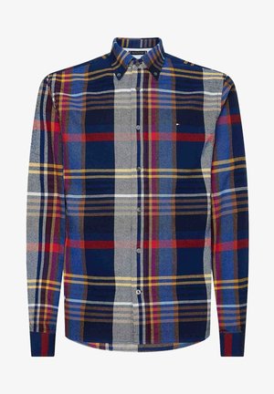 Koszula w kratę z długim rękawem w odcieniach niebieskiego, szarego, czerwonego i żółtego, z kołnierzykiem zapinanym na guziki i kieszenią na piersi z logo.