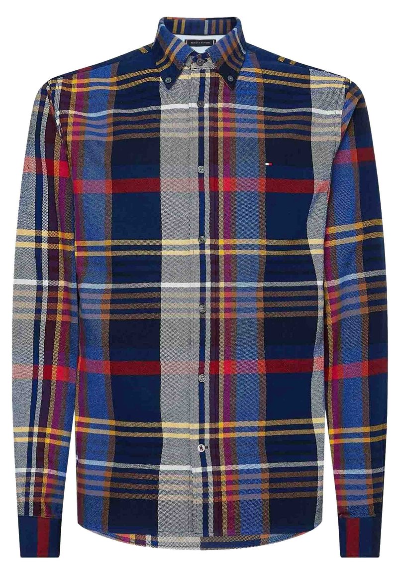 Pitkähihainen ruutupaita sinisen, harmaan, punaisen ja keltaisen sävyissä, jossa on napillinen kaulus ja rintatasku logokoristeella.