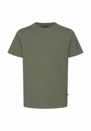 Olive green t-shirt made of cotton, featuring short sleeves and a crew neck. Plain design with no visible patterns or hardware accents.