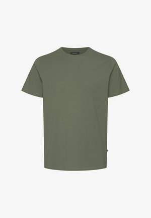 Oliwkowy t-shirt wykonany z bawełny, z krótkimi rękawami i okrągłym dekoltem. Prosty design, bez widocznych wzorów czy metalowych akcentów.