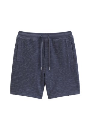 Marineblaue, strukturierte Strickshorts mit elastischem Bund, verstellbarem Kordelzug und Seitentaschen.