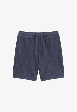 Marineblauwe gebreide korte broek met textuur, elastische tailleband, verstelbare trekkoord en zijzakken.