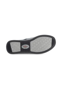 Suola di scarpa in gomma nera con un centro grigio testurizzato che presenta un motivo a diamante. Include un'etichetta con il logo al centro e scanalature per il grip.