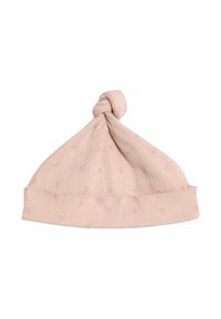 Strik en babyhue i blødt pink med ribbede strukturer og små blomster mønstre samt en knyttet top for et unikt design.