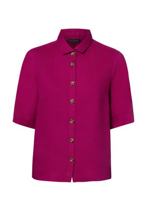 Kortemouwen magenta overhemd met kraag, zeven knopen aan de voorkant en een rechte zoom.