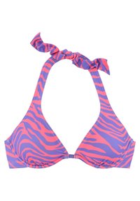 Dreieckiger Bikini-Oberteil in lila und pinkem Zebra-Print mit Halterneck-Bindungen und weichem Material. Verfügt über einen gerafften Stoffdetails am unteren Rand.