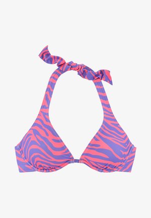 Trójkątny stanik bikini w fioletowo-różowy wzór zebra z wiązaniami na szyi i miękką fakturą. Zawiera marszczony detal w dolnej części.