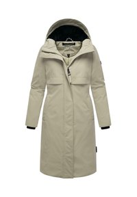 Beige lange jas met een capuchon, voorzien van een ritssluiting, twee voorzakken en zwarte manchetten. Glad materiaal met een minimalistisch ontwerp.