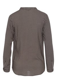 Camicia a maniche lunghe con sfondo scuro e un motivo geometrico di forme ovali in bianco e marrone. Colletto e polsini con bottoni.